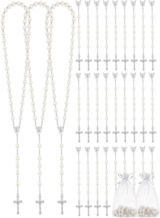 ROCEEI 24 Set Catholic Rosary Bulk 8mm Glass Pearl Beads Rosary Necklace First Communion Rosaries with Alloy Cross Mesh Bag for Gift (White) - Image 1